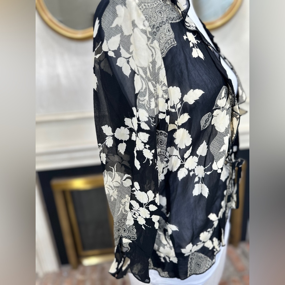 Vintage Nina‎ Piccalino Sheer Floral Tie Front Ruffle Jacket Top M - Picture 3 of 10